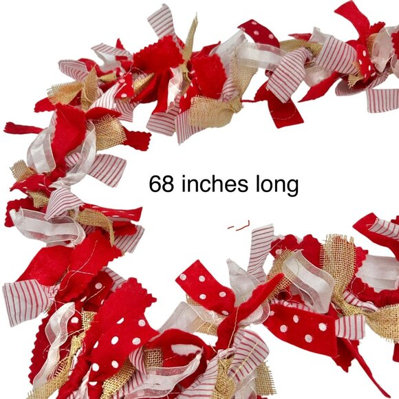Handcrafted 68" Garland Red White and Brown Burlap and Fabric Hanging Rope Ends - Picture 4 of 5